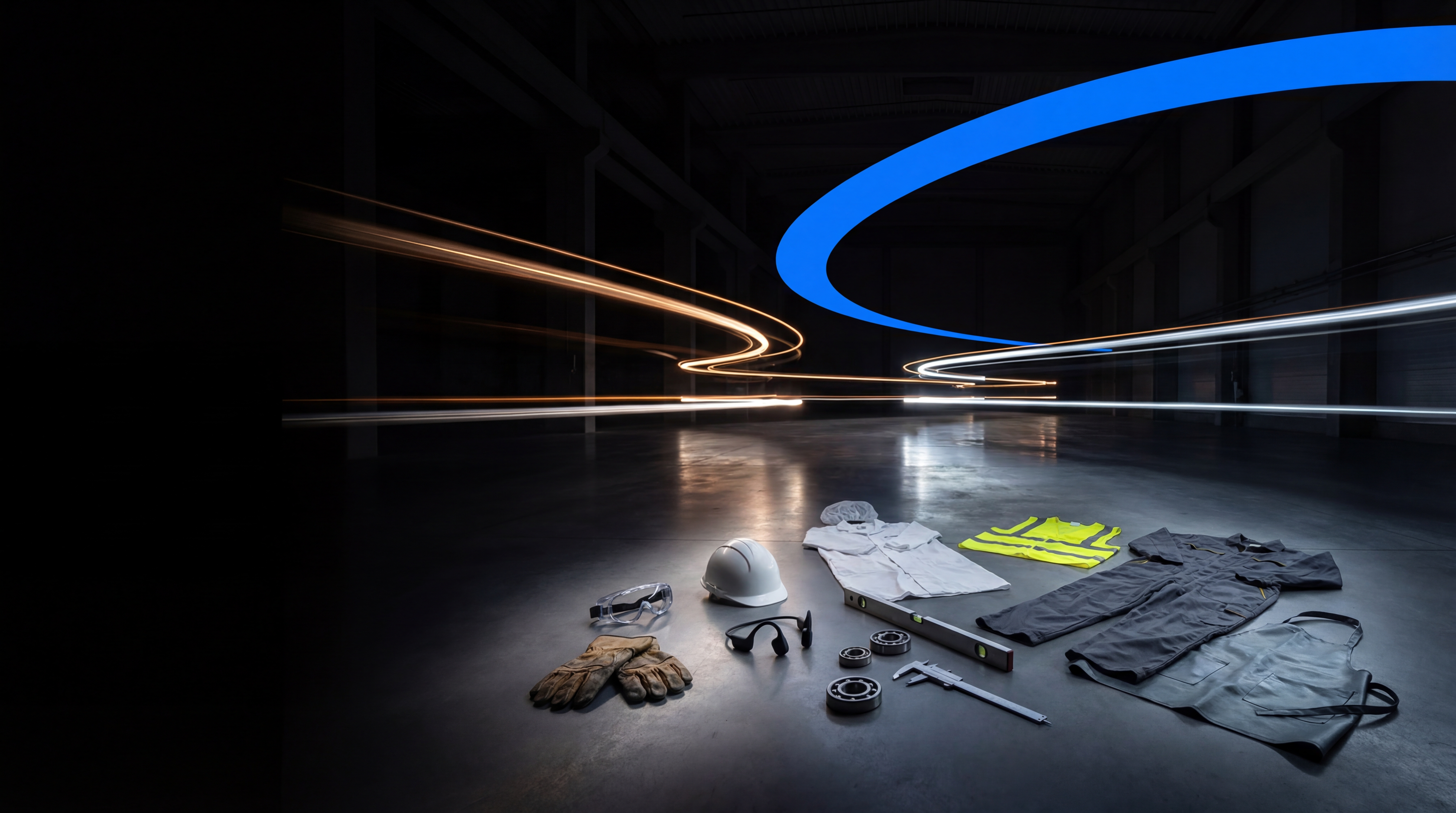 工場フロアに並ぶ作業用具とライトトレイル