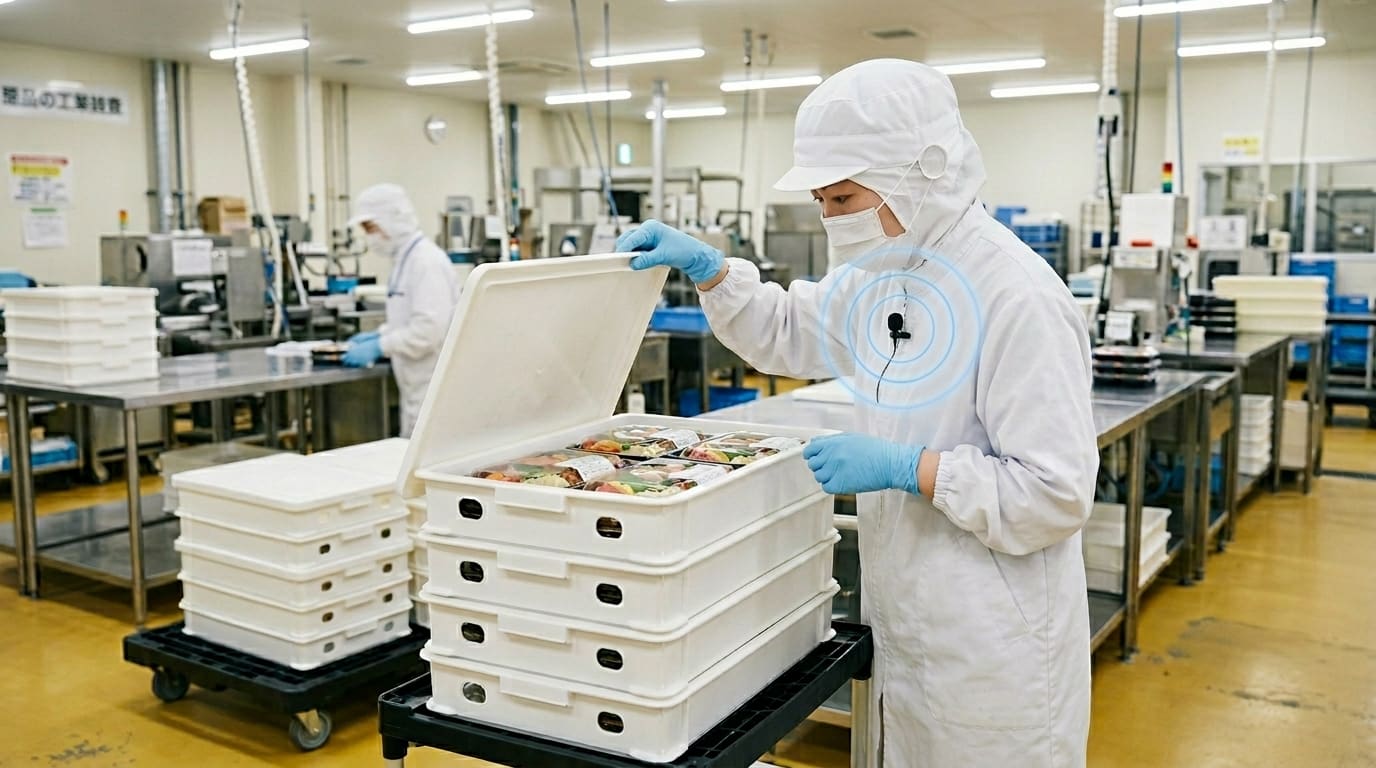 食品を扱う現場で作業しながら音声記録する作業者