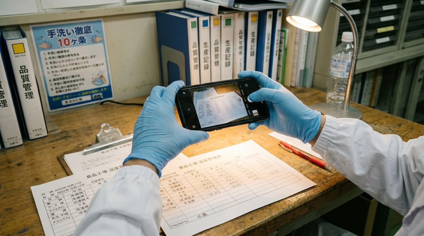 食品現場の品質管理室で温度管理表をスマートフォンで撮影して設定するイメージ