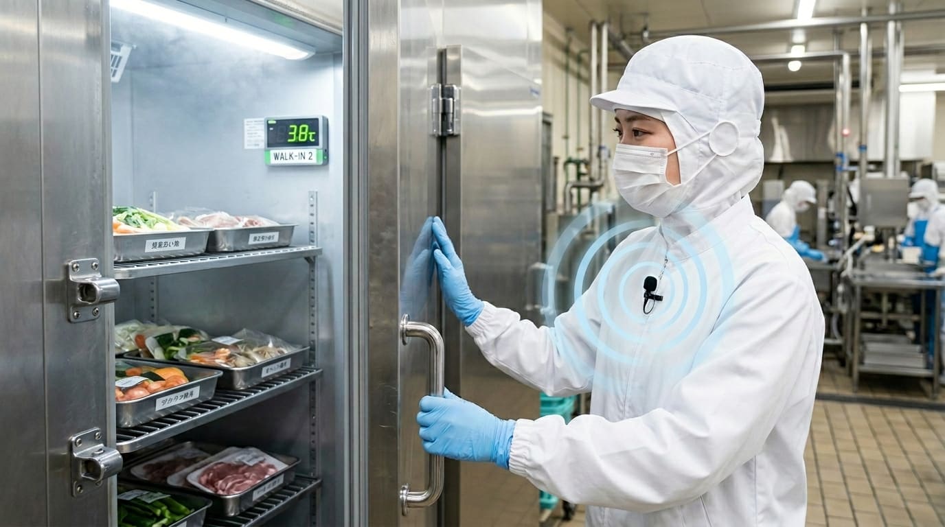 食品現場で胸元のピンマイクに音声入力しながら温度記録するイメージ