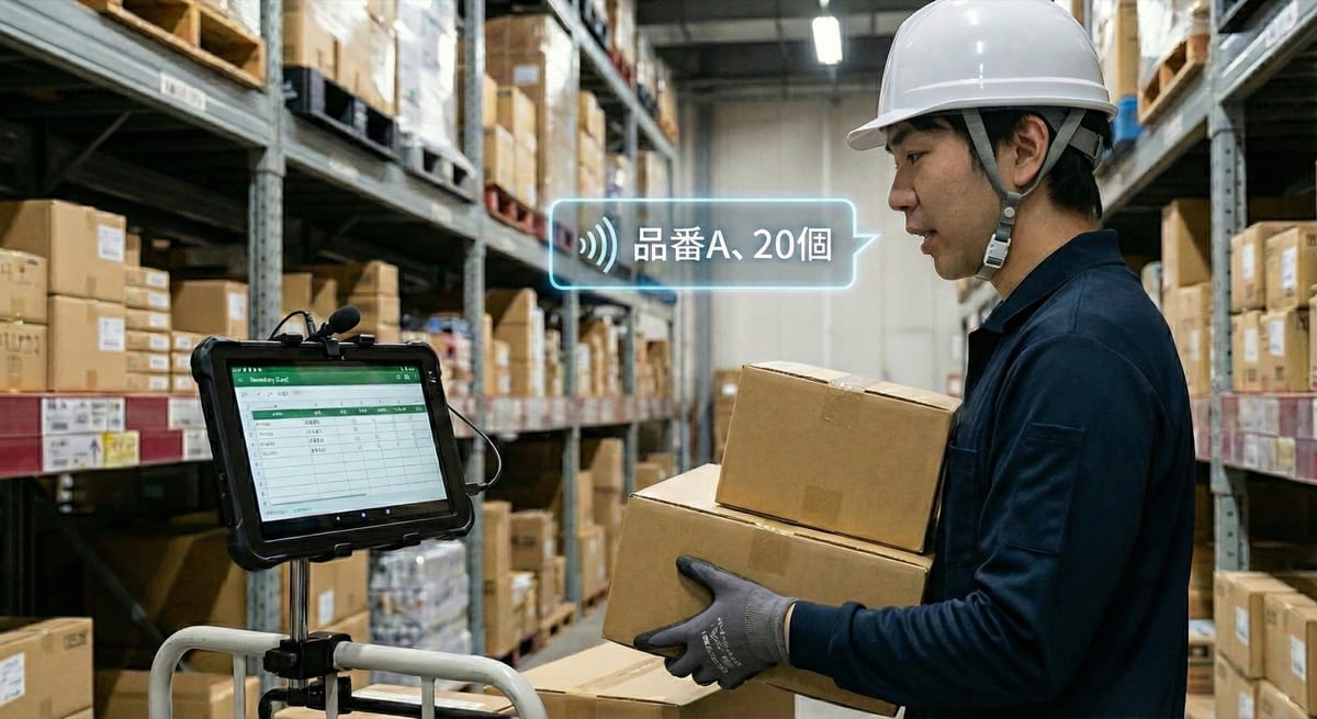 倉庫で品番と数量を音声で記録する作業者