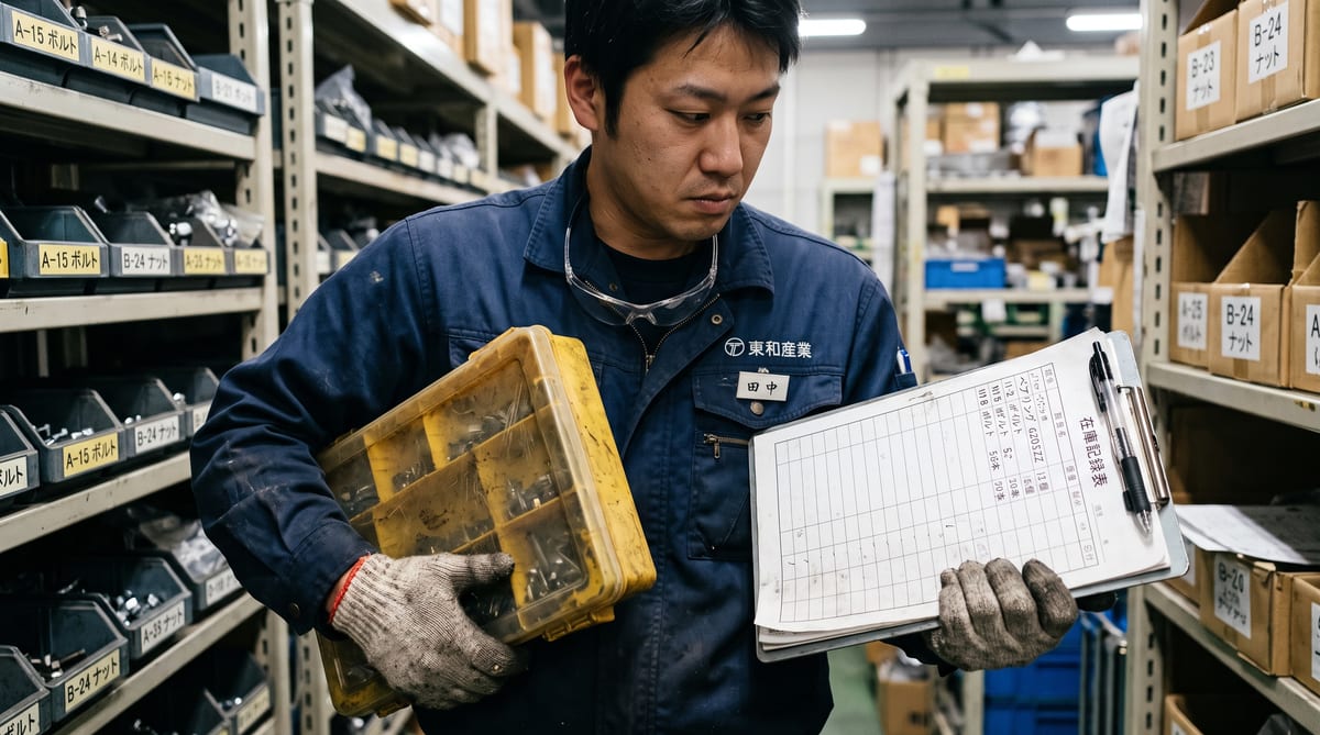 両手がふさがったまま紙の記録表を持て余す作業者