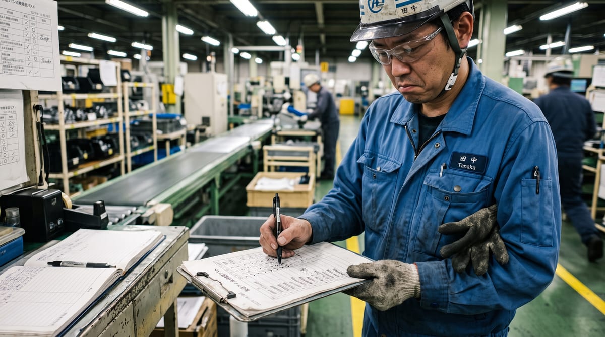 作業を中断して紙の点検表に記入する作業者