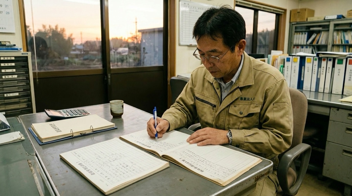 農業法人の事務所で栽培管理記録簿に後書きする農家