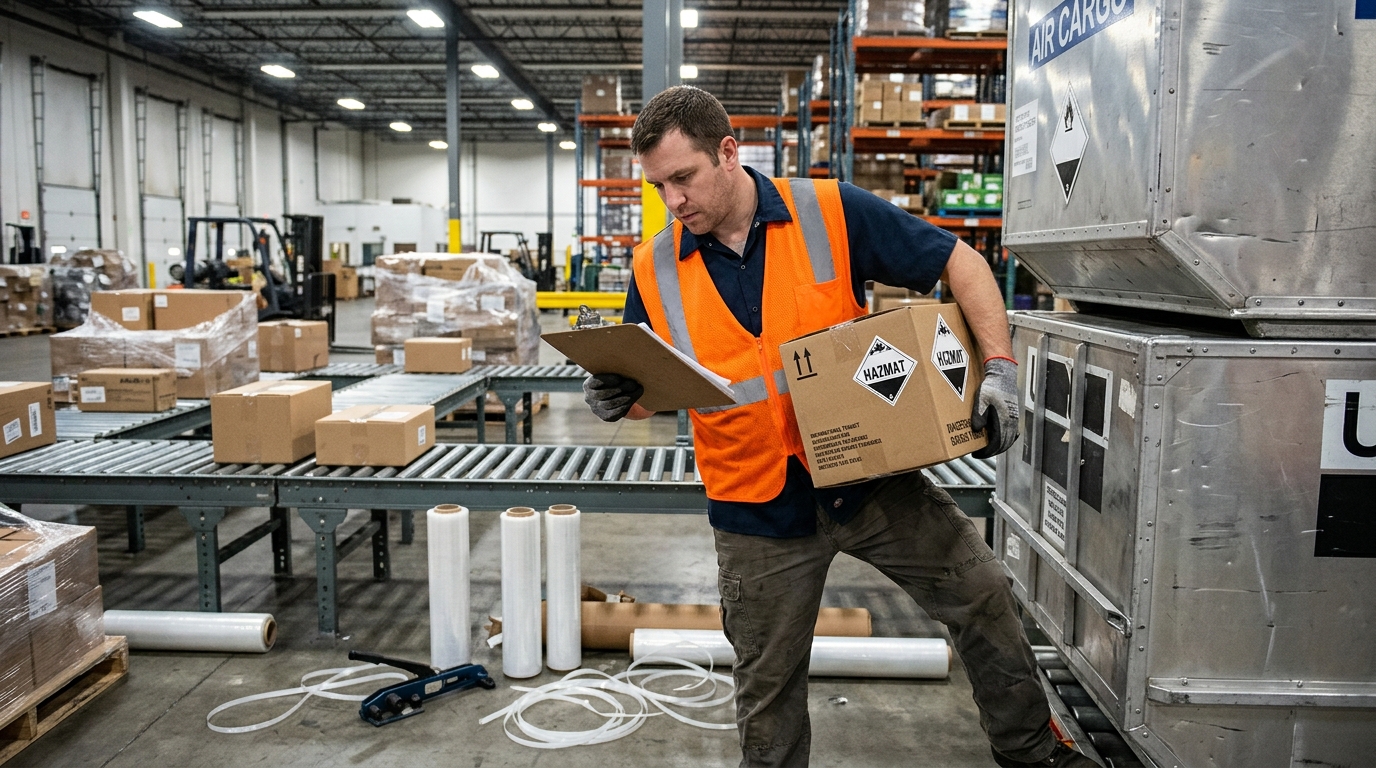 航空貨物ターミナルで荷役と記録を同時に行う現場スタッフ