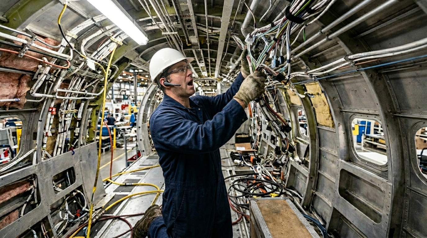 Bluetoothヘッドセットを装着し配線検査中に発話記録する航空機製造検査員