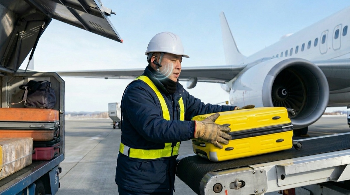 ULDコンテナ付近でハンズフリー発話を行い作業中に記録を進めるグランドハンドリング作業員