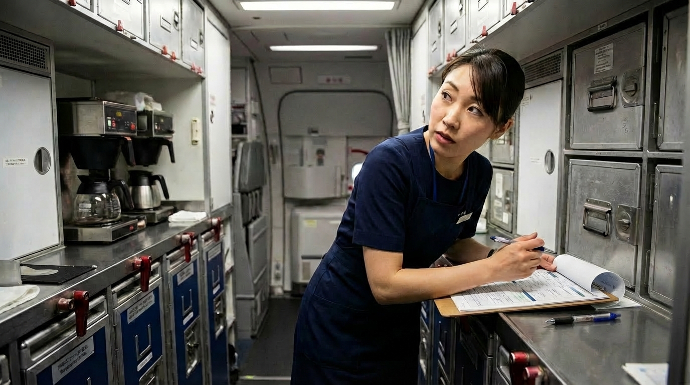 ギャレーで紙の帳票に記入する客室乗務員。通路からの呼び出しを気にする表情