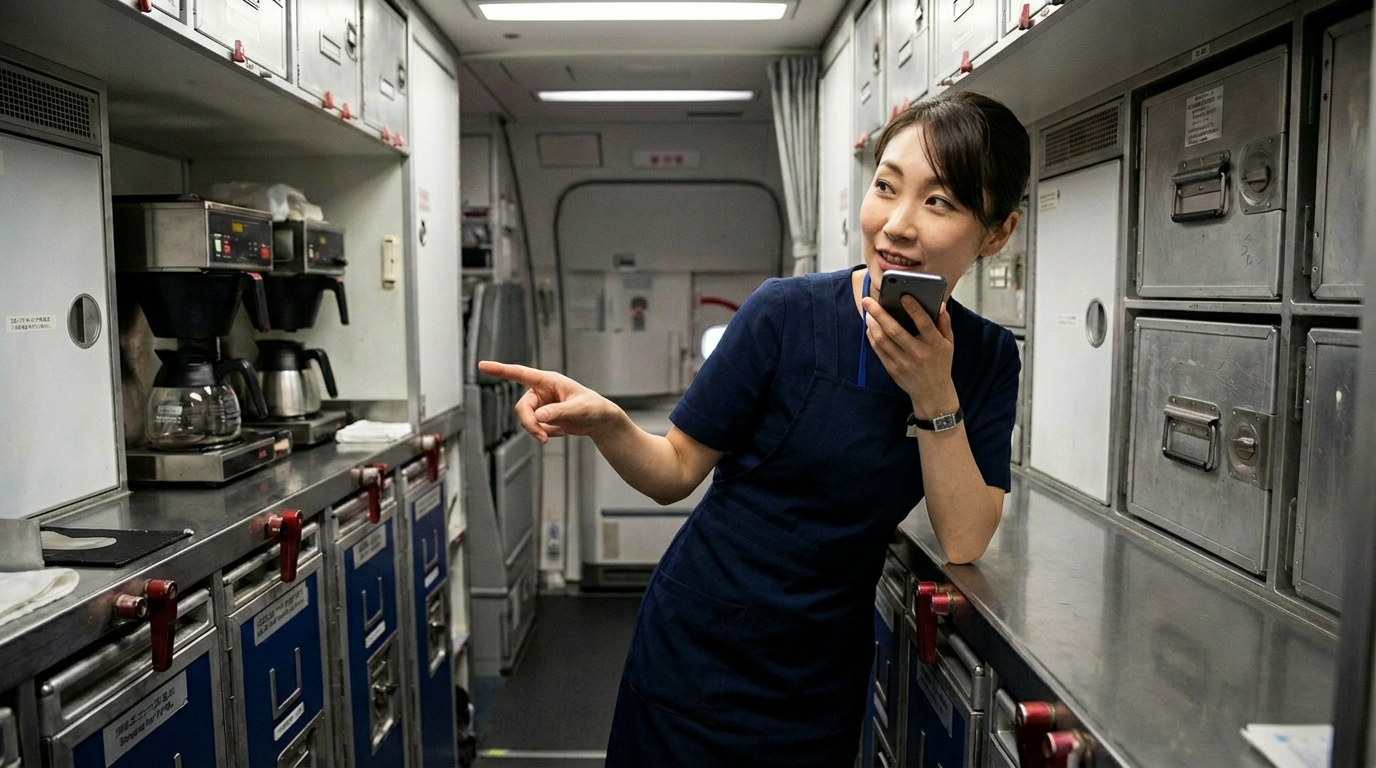 ギャレーでスマートフォンに話しかけながら記録する客室乗務員