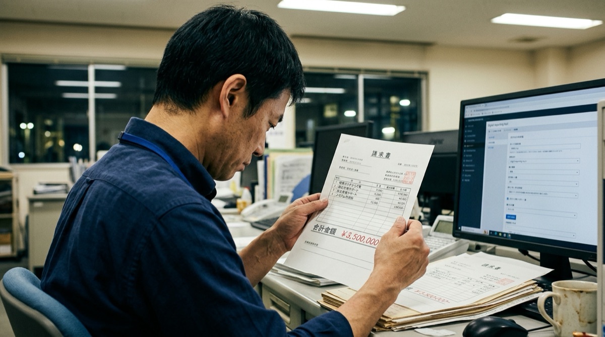 ベンダーからの請求書を見つめる導入担当者