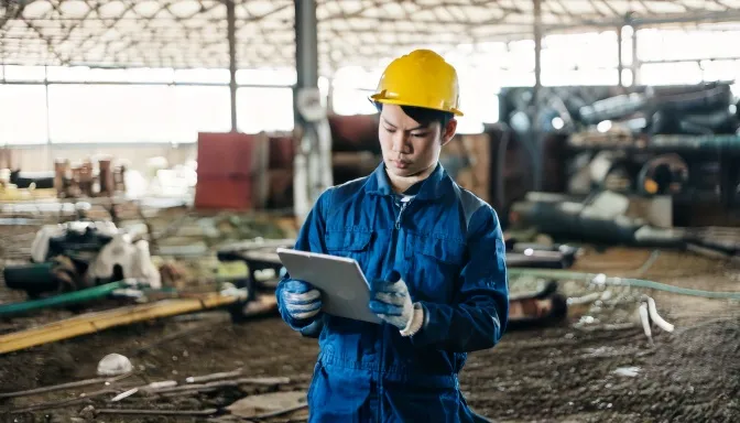 製造現場でタブレットを操作する作業員
