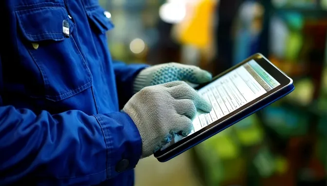 手袋をしたままタブレットを操作する現場作業員