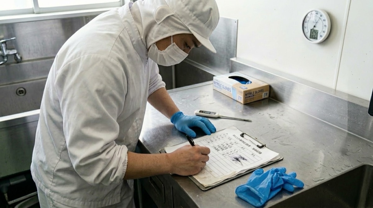 食品工場でHACCP記録表に手書きで記入する様子