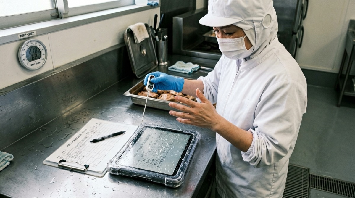 食品工場でタブレットを前に手袋を外す担当者