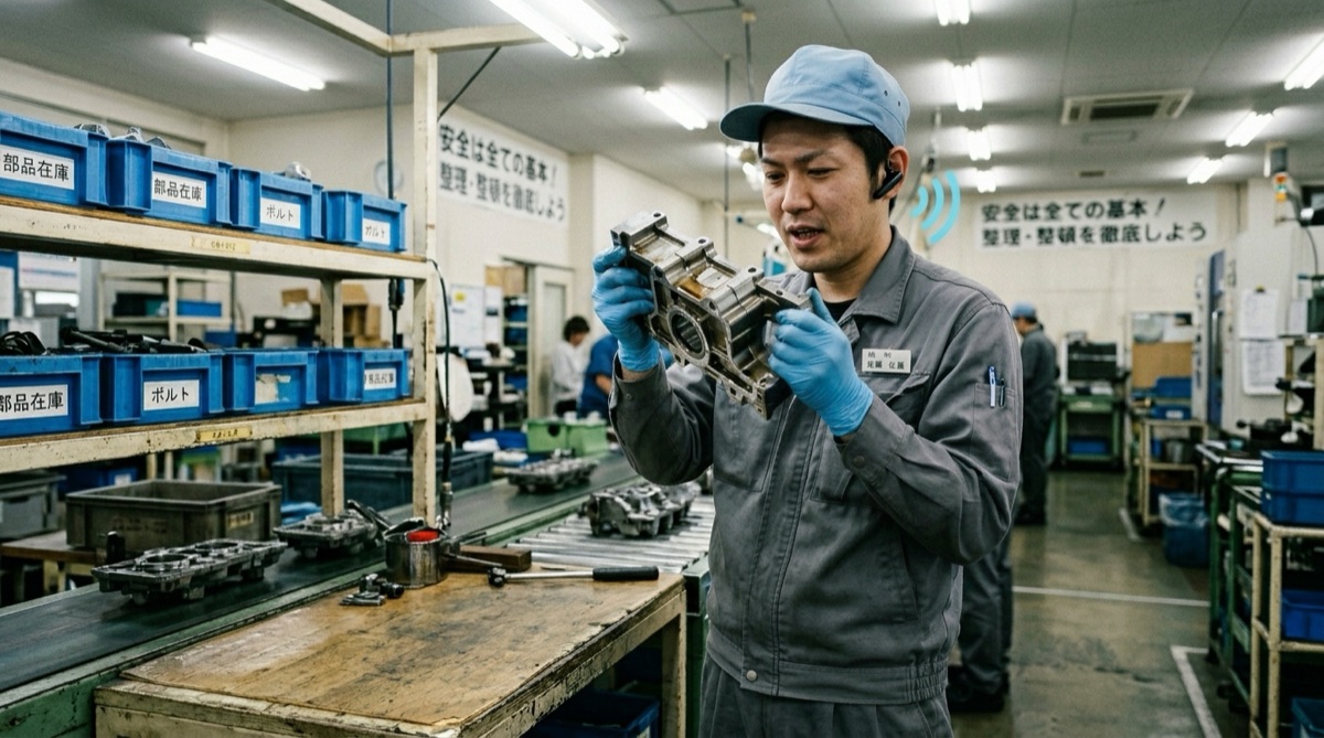 Bluetoothイヤホンマイクを装着し、部品を持ったまま声で記録している工場作業者。作業を止めずに帳票入力が進んでいる