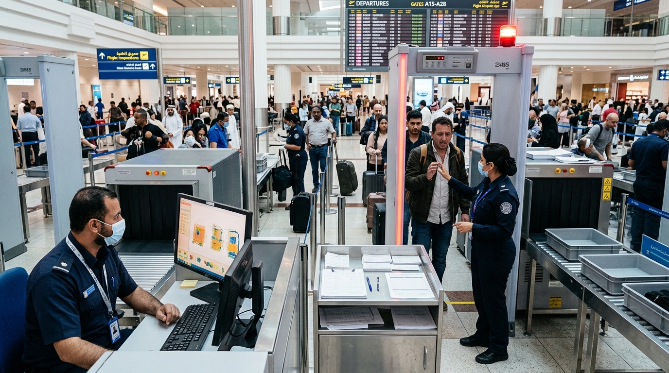 保安検査レーンでのアラーム対応後に記録業務が発生する現場イメージ