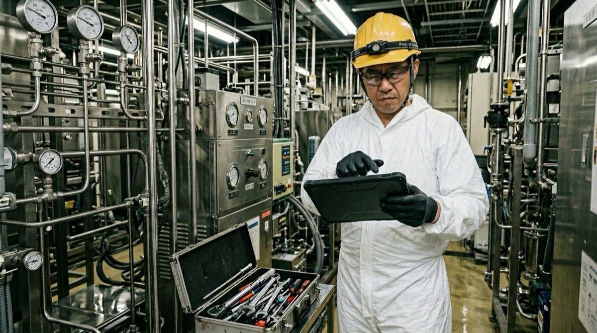 サブファブでグローブのままタブレット操作に困惑する保全技術者