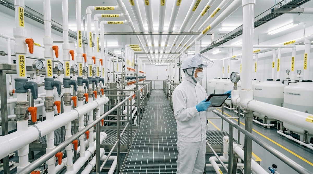 半導体工場サブファブの配管エリアと計器類が並ぶ設備風景